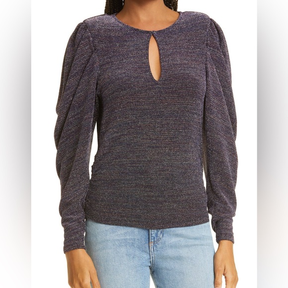 Ramy Brook Charlize Keyhole-Front Metallic Top Size L in Purple Multi - Picture 3 of 16